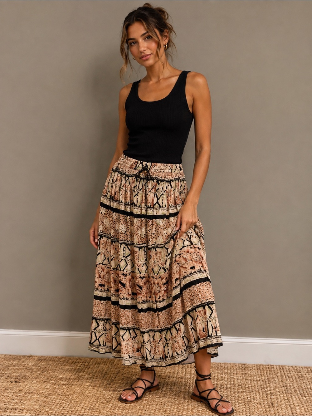 Tiered Maxi Skirt in Beige  Print - Free Size